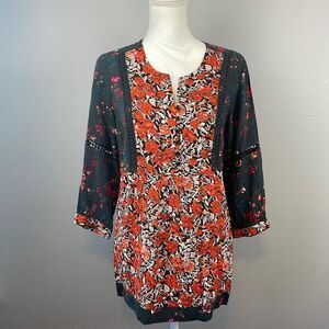 Caffe Marrakesh Orange and Dark Grey Multi Floral Tunic Blouse. Size Small